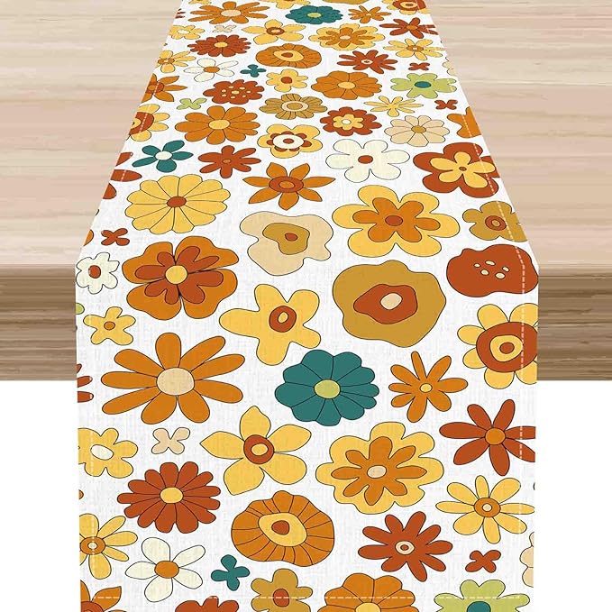Groovy Floral Table Runner, Retro 70s Hippie Floral Funky Cute Flower Trippy Orange Coffee Table Center Decor For Home Kitchen Dining Patio Holiday Party Indoor Outdoor Table Decorations, 13"x72" Inch