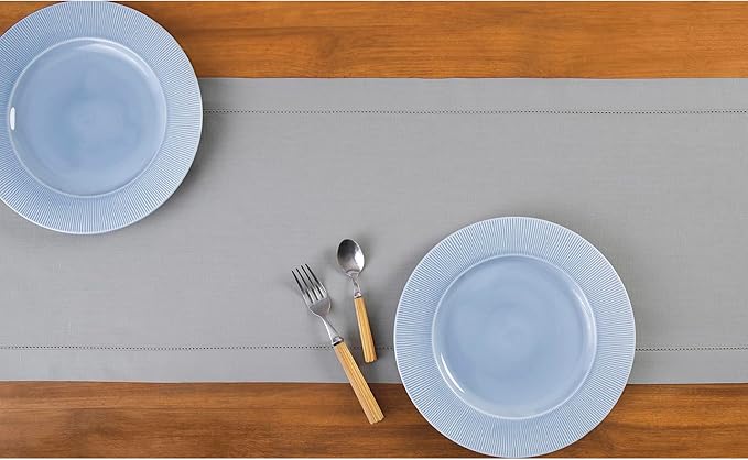 Solino Home Cotton Linen Light Grey Table Runner 132 Inches Long - Hemstitch 14 x 132 Inch Table Runner for Spring, Easter