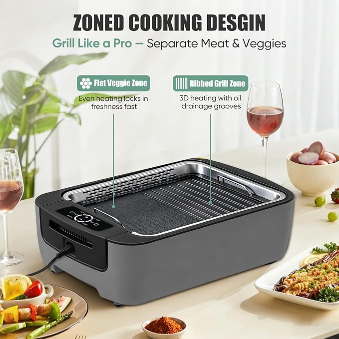 Smokeless Indoor Grill, Amornest Electric Indoor Grill 1100W for Korean BBQ with Dual Turbo Smoke Extractor, LED Smart Display & Dual-Zone Nonstick Grills Plate, 6-Level Temp Control, Dishwasher Safe