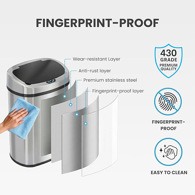 iTouchless 13 Gallon Automatic Sensor Trash Can with AbsorbX Odor Filter, Stainless Steel Kitchen Garbage Bin, Fingerprint-Proof, Hands-Free Operation, Oval