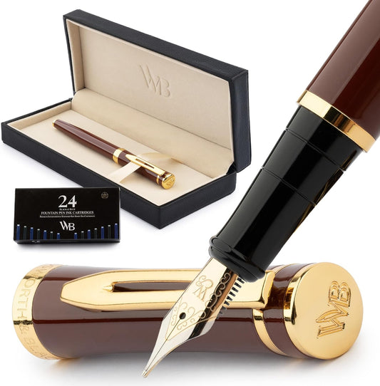 Wordsworth & Black Fountain Pen Kit, 18K Medium Gold Nib, Includes 24 Ink Cartridges, Ink Refill Converter and Gift Box, Gold Finish, Calligraphy, [Golden Brown]