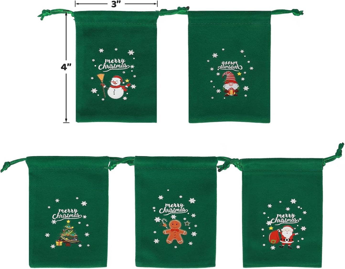 Tapleap Christmas Bags with Drawstring - 50Pcs 3x4 Green Velvet Coth for Wrapping Christmas Party Favors or Gifts for Friends, Children, Customers