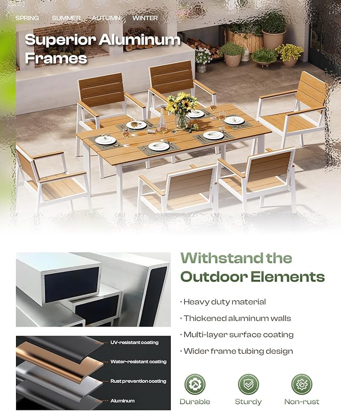 Outdoor Dining Set for 6, Patio Table and Chairs Set with Umbrella Hole, 7 Pieces HDPS + Aluminum Outdoor Furniture Sets for Patio, Garden (White & Teak)