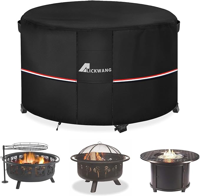 Fire Pit Cover Round 42 Inch Waterproof,Outdoor Heavy Duty Durable 600D Tear-Resistant Fire Pit Table Cover,Patio Round Firepit Cover 42" D x 24" H, Black