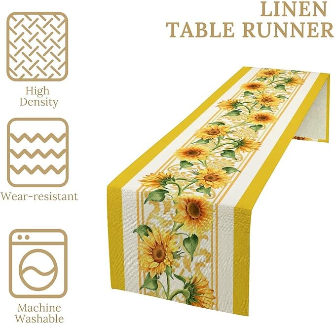 Yellow Sunflower Table Runner, Spring Summer Seasonal Floral Farmhouse Rustic Vintage Flower Print Table Cover for Home Kitchen Dining Table Decor Party, 13x90inch