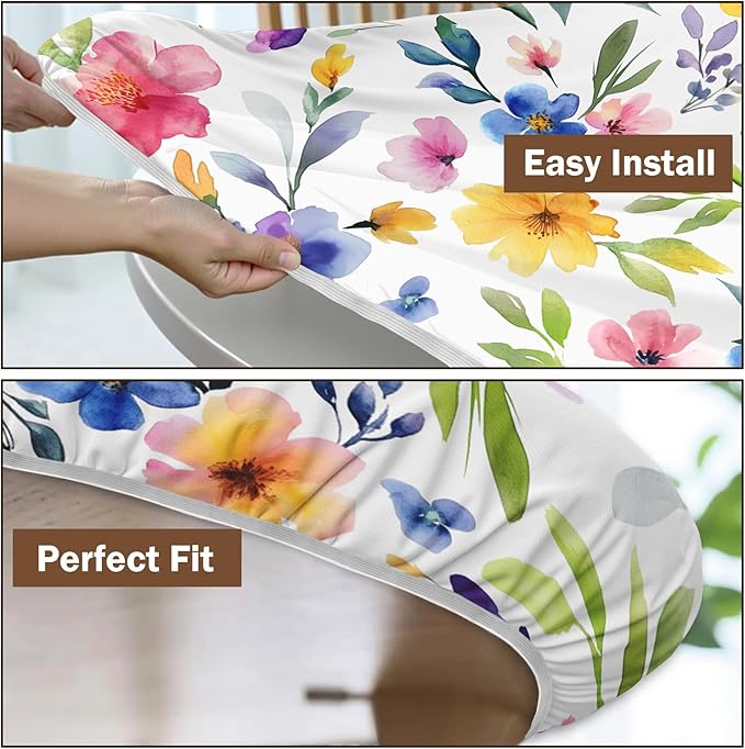 Spring Summer Floral Round Fitted Tablecloth with Elastic Watercolor Flower Outdoor Circle Table Cloth for 40-44" Tables Colorful Stretch Waterproof Washable Table Cover for Picnic Dining Party Decor