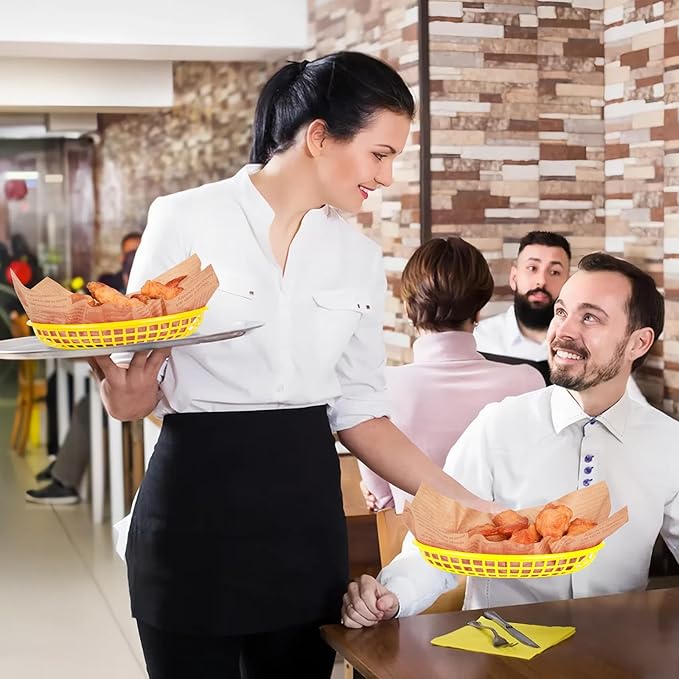20 Pack Plastic Fast Food Baskets, 8.8" × 5.5" Small Oval Restaurant Serving Baskets Tray for Burgers, Sandwiches, Hot Dogs, Parties, Food Trucks, Reusable or Disposable, Stackable(Yellow)