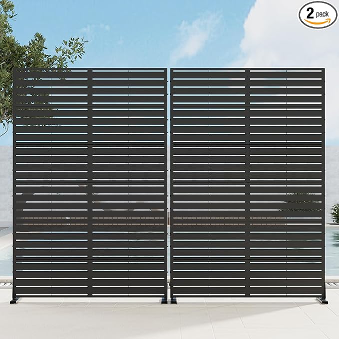 Casaphoria Metal Privacy Screen 72" H x 45" W, 2 Pack Outdoor Freestanding Decorative Divider for Patio & Garden with Stable Base, Black-Louvered
