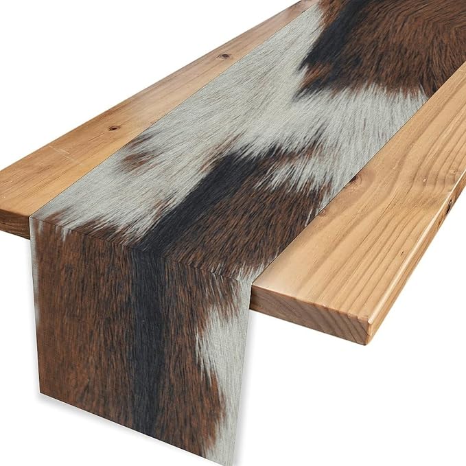 Cow Print Table Runner, Brown Cowhide Print Western Style Table Runner Country Farmhouse Cottage Cow Pattern Linen Table Decoration for Home Kitchen Dining 13x108