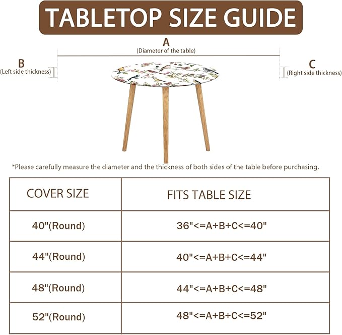 Spring Summer Round Fitted Tablecloth with Elastic Edge Bird Floral Easter Circle Table Cloth for 40-44" Round Tables Wipeable Waterproof Hummingbird Flower Table Cover for Outdoor Picnic Dining Decor