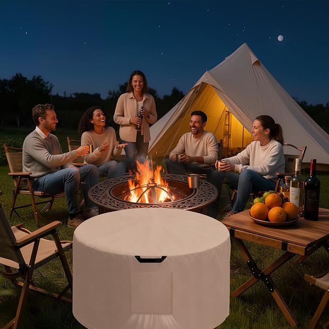 Kovshuiwe Round Gas Fire Pit Cover-600D Fabric Waterproof and Resistant Material，Fits Outdoor for 34-36 Inch Fire Pit/Table Cover, Patio Fire Bowl Cover-36 Dia x 20" H, Black