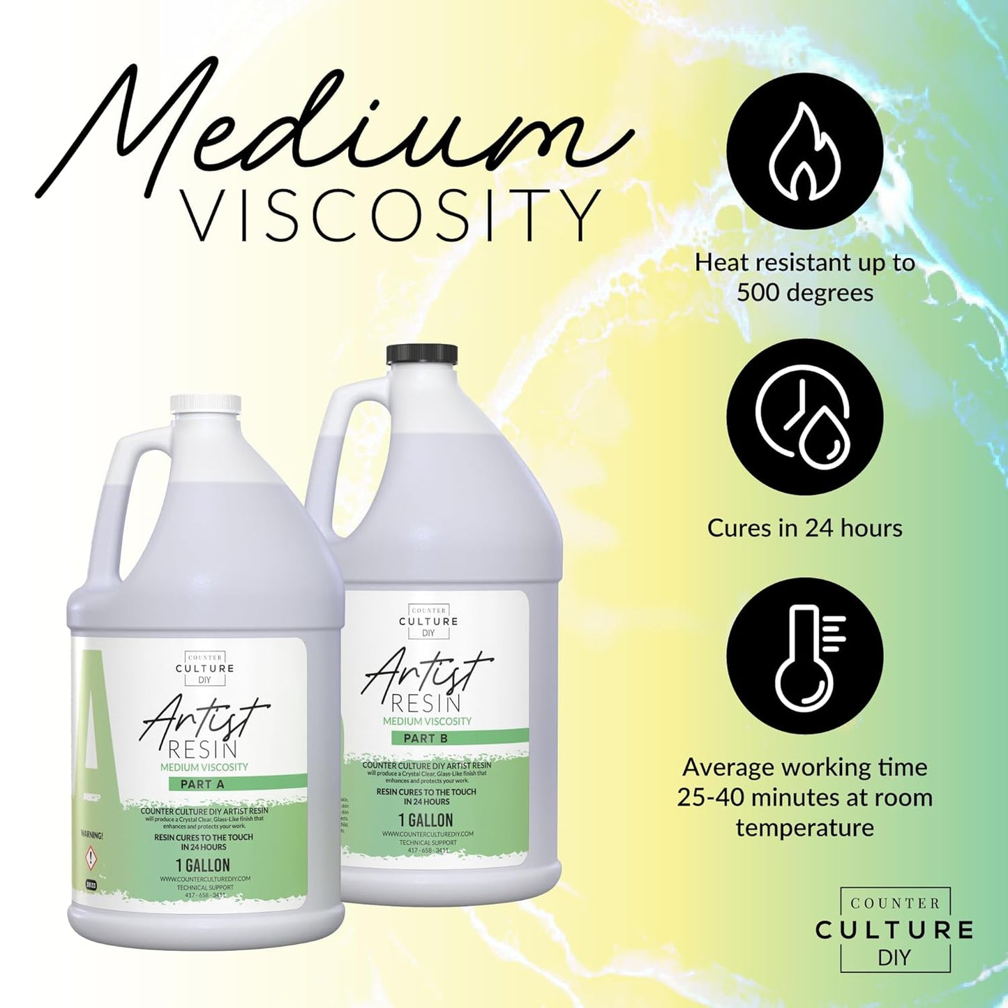 Counter Culture DIY Clear Artist Resin, Medium Viscosity, 1 Gallon Kit, Art Epoxy Supplies for Metallic Stains Acrylic 100% Solids Easy Coat No VOCs Scratch UV Heat Resistant to 500 Degrees
