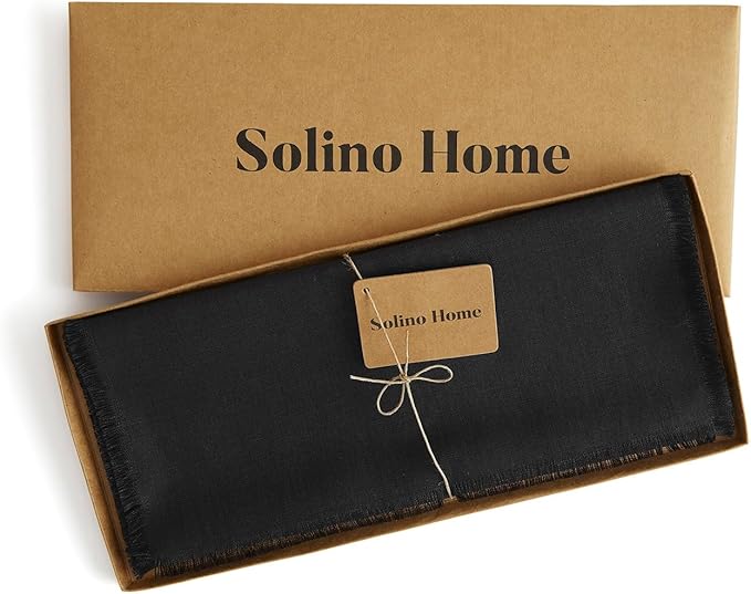 Solino Home Linen Black Table Runner 90 Inches Long - Fringe, 100% Pure Linen 14 x 90 Inch Table Runner for Fall, Autumn, Halloween, Thanksgiving, Christmas, Holiday