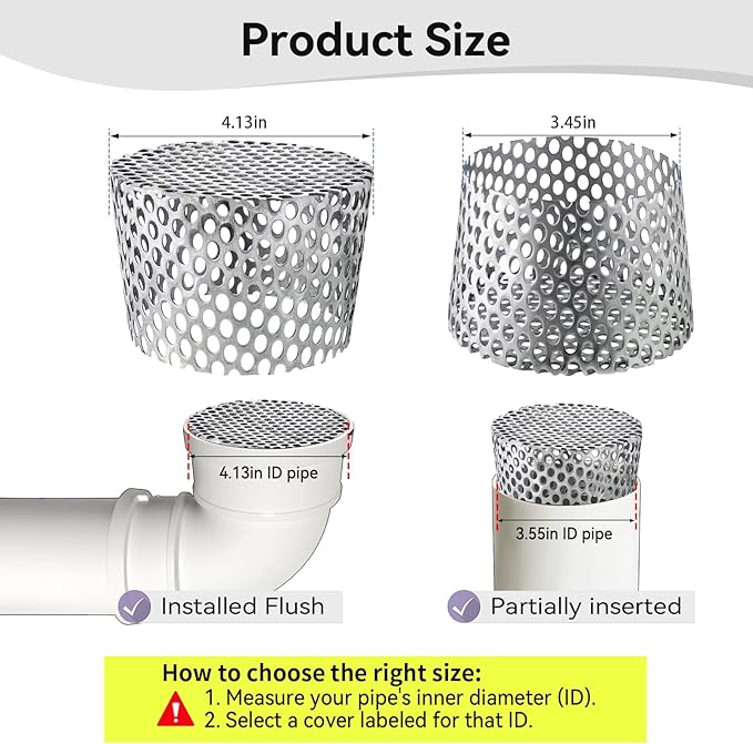 PVC Termination Cap Vent Cover, Stainless Steel Mesh Screen Vent Cover Slot for 3.55" to 4.13" ID Furnace and Roof Vent Pipe, Conical Vent Cap Rust preventing Leaves Debris, Birds Entering