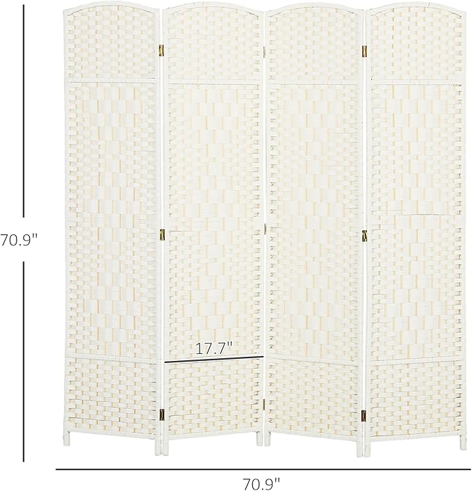 HOMCOM 4 Panel Room Divider, 6' Tall Folding Privacy Screen, Hand-Woven Freestanding Wall Partition for Home Office, Bedroom, White