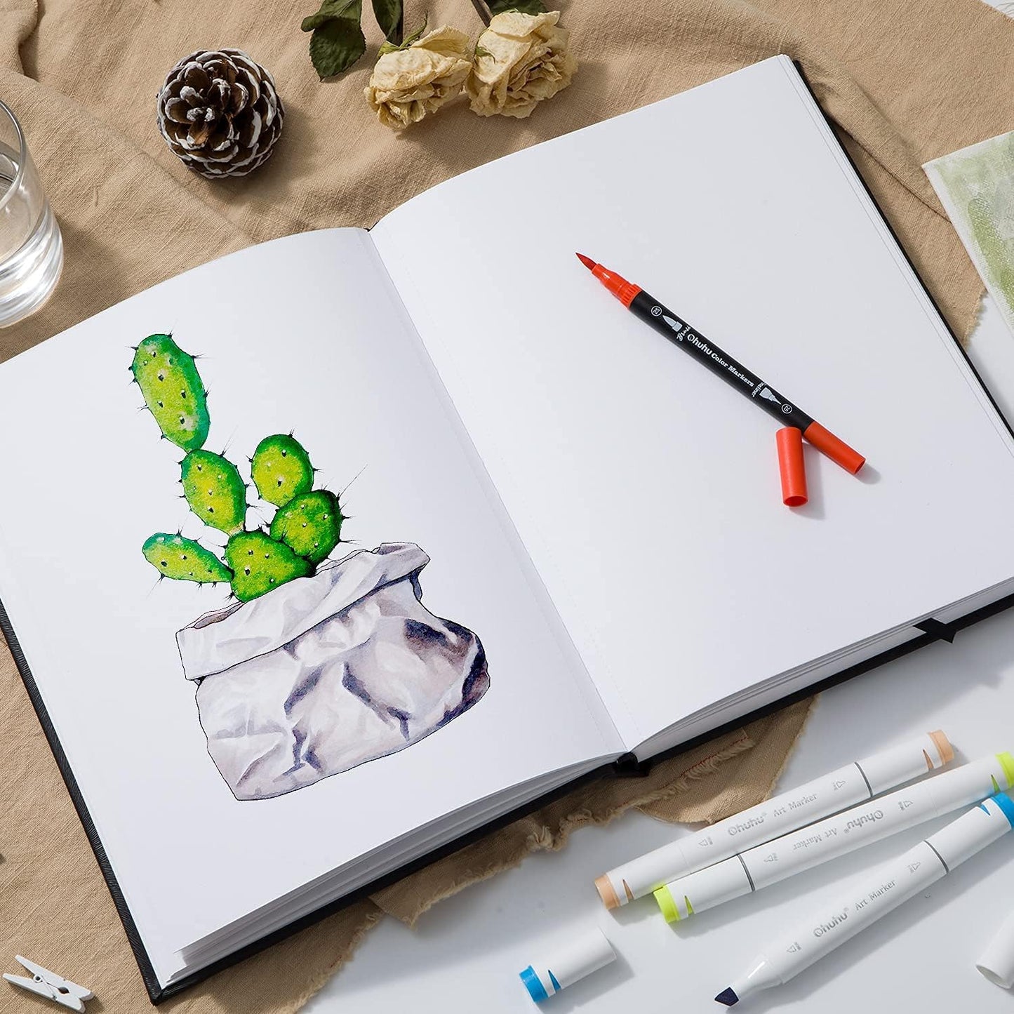 Ohuhu Mix Media Pad - 10.8"x8.3" Mixed Media Art Sketchbook, 120 llb/200 GSM Heavyweight Papers, 78 Sheets/156 Pages, PU Hardcover Mixed Media Paper Pad for Acrylic Painting Christmas Gift