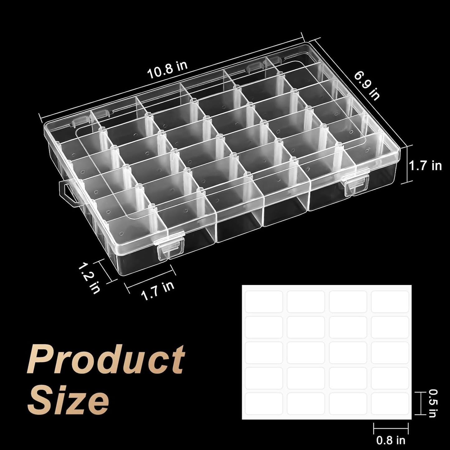 36 Grids Large Plastic Organizer Box with Adjustable Dividers, Clear Compartment Storage Container Tackle Box with Label Stickers for Beads, Crafts, Jewelries, Tools