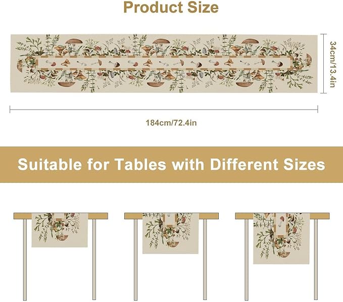 Wild Mushroom Table Runner, Retro Floral Plants Botanical Print Table Cover for Kitchen Dining Table Wedding Home Party Decor, 13x70inch