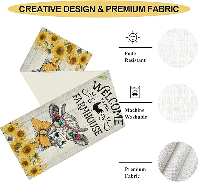 Farmhouse Cow Table Runner, Rustic Yellow Sunflower Floral Buffalo Animals Spring Coffee Farm Table Center Decor for Family Kitchen and Living Room Country Holiday Party Table Decorations, 13" X 72"