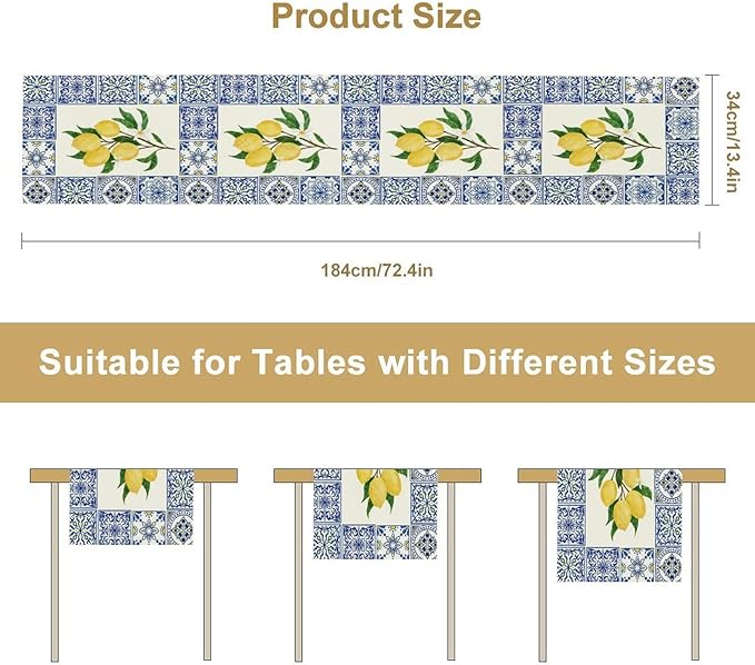 Yellow Lemon Table Runner, Blue Tiles Summer Holiday Tasty Fruit Healthy Fruit Vintage Watercolor Rustic Botanic Table Cover for Party Picnic Dining Room Kitchen, 13x90inch