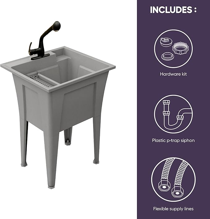 Freestanding Utility Sink with One Handle Black Faucet - 24" Plastic Utility Sink for Garage, Laundry, Indoor and Oudoor Use - Laundry Tub Kit by Noah William Home - Grey (19.5 gal)