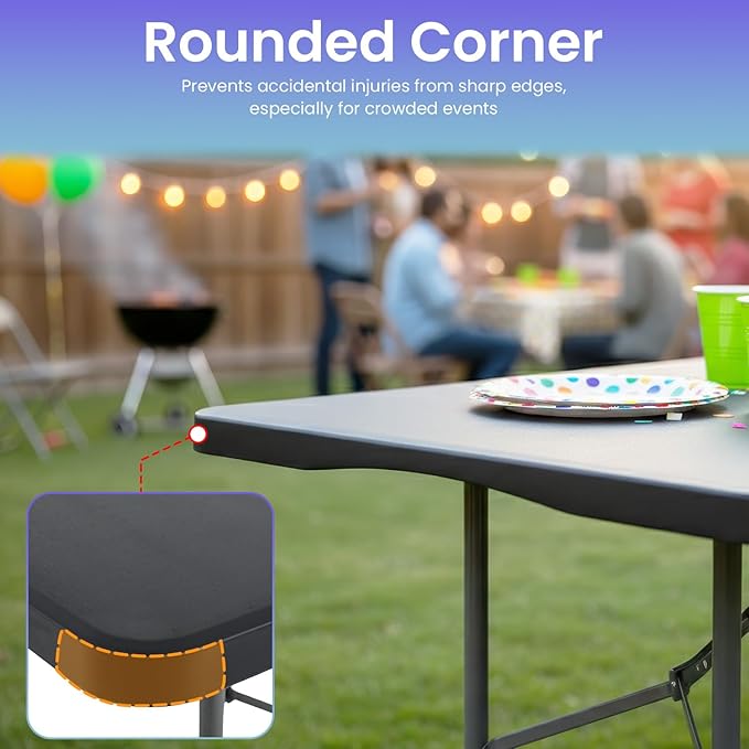 FDW 6FT Folding Table, Portable Fold-in-Half Plastic Picnic Party Table with Carrying Handle （Black, 6FT）