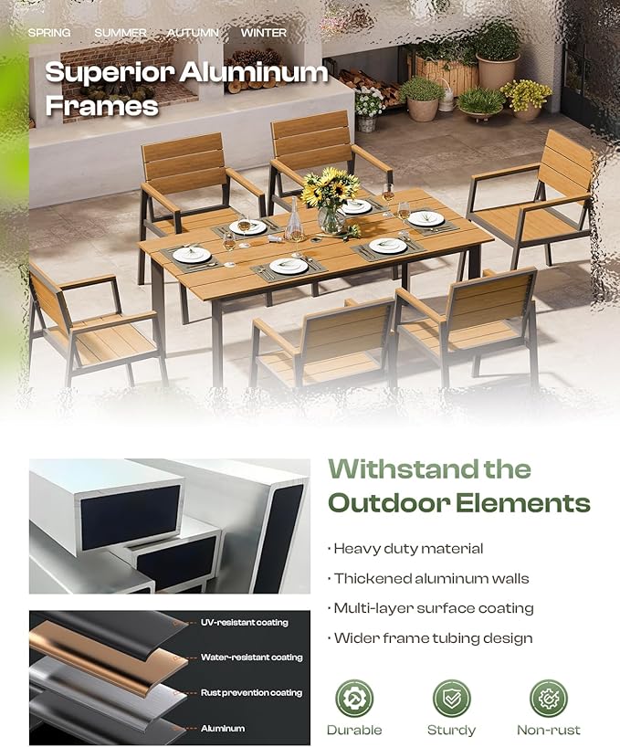 Outdoor Dining Set for 4, Patio Table and Chairs Set with Umbrella Hole, 5 Pieces HDPS + Aluminum Outdoor Furniture Sets for Patio, Garden (Gray & Teak)