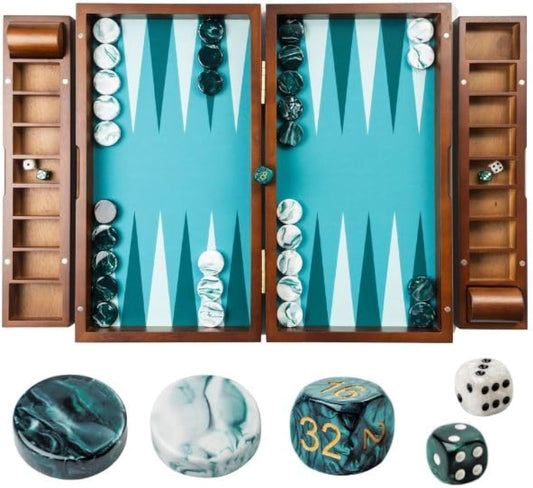 20 Inch Large Backgammon Sets for Adults, Green Backgammon Board, Solid Wood. Removable Accessory Tray, Premium 1.5 Inch Checkers & Dice Set, Backgammon Game Set Backgammon Table