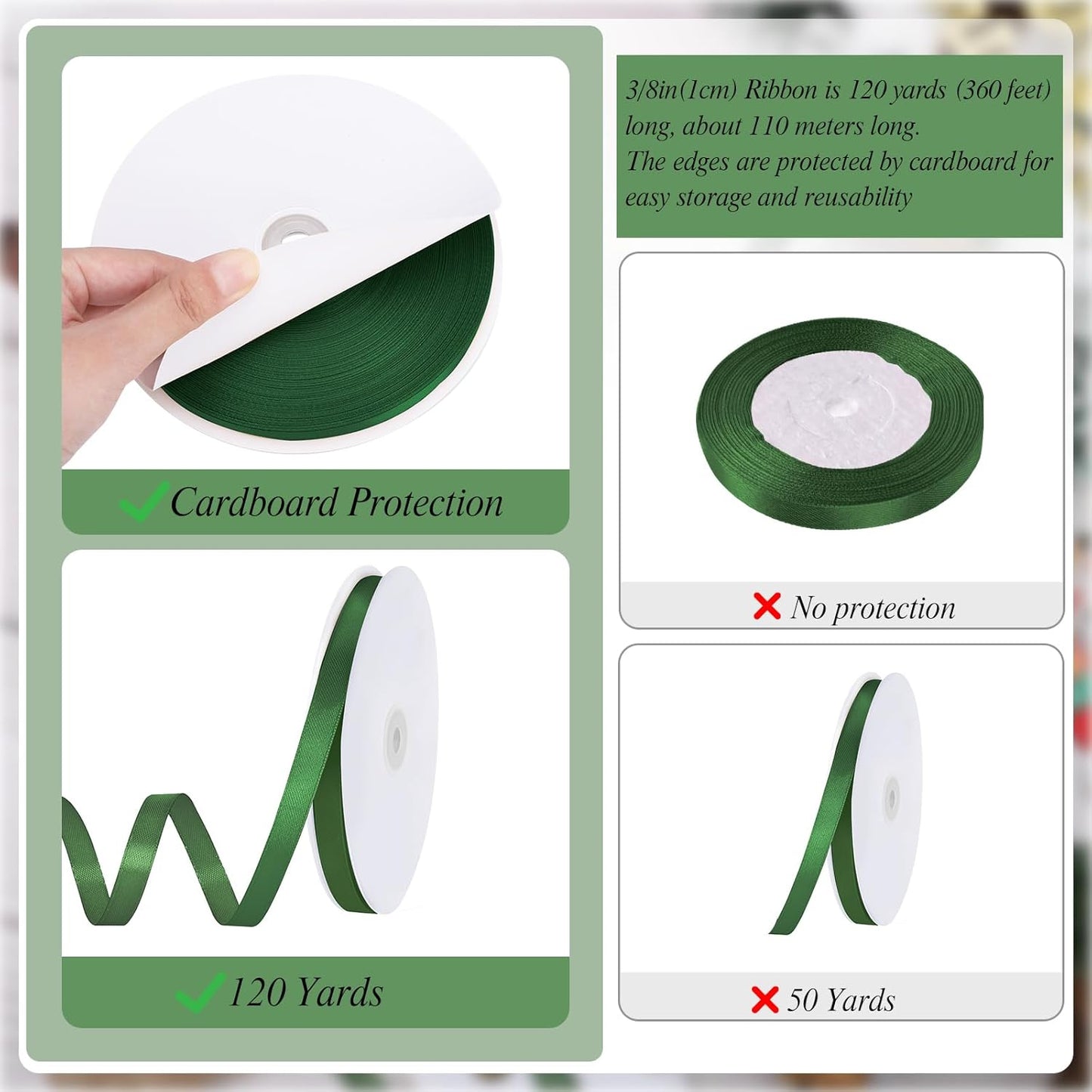 Dark Green Ribbon 120 Yards 3/8 Inch Christmas Thin Craft Ribbon Forest Green Ribbons for Gift String Emerald Decor Xmas Decorations Bows Gift Wrapping Christmas Tree