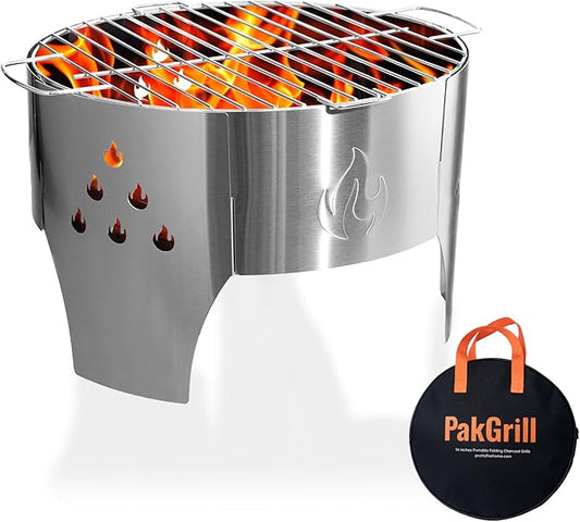 Camping Campfire Grill, Portable Folding Charcoal Stove, Backpacking BBQ Rack, Stainless Steel Heavy Duty Firepit Cooker with Carry Bag for Outdoor Cooking, Bonfire, Patio, Backyard