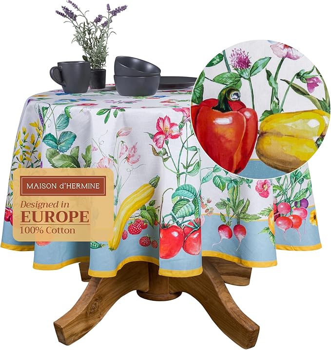 Maison d' Hermine Table Cloth Round Table 100% Cotton 69 Inches Tablecloth Reusable Decorative Everyday Use for Dining Room, Farmhouse, Home, Party, Festive & Wedding Spring Summer - Giverny