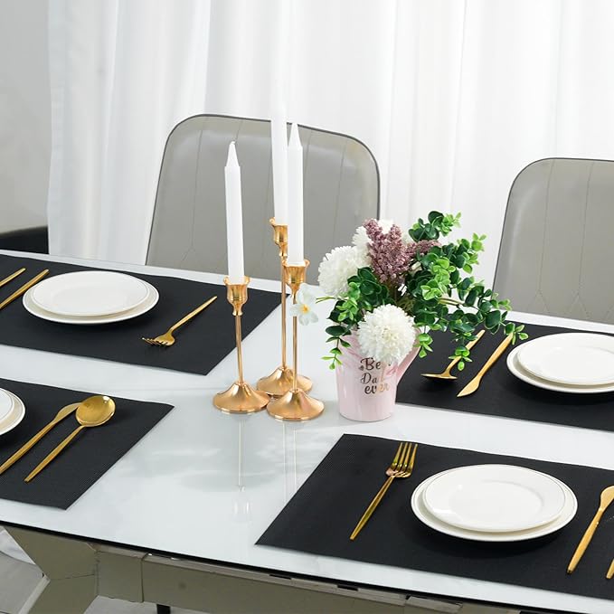 Placemats Set of 6，Non-Slip PVC Weave Table Mats Easy to Clean，Heat Resistant Place Mats for Kitchen Dining Table Decoration Indoor Outdoor，Black