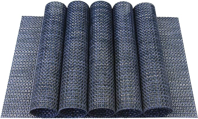 Thicken Placemats Set of 6 Vinyl Heat-Resistant Table Mats Washable Plastic Placemats for Dining Table (Blue)