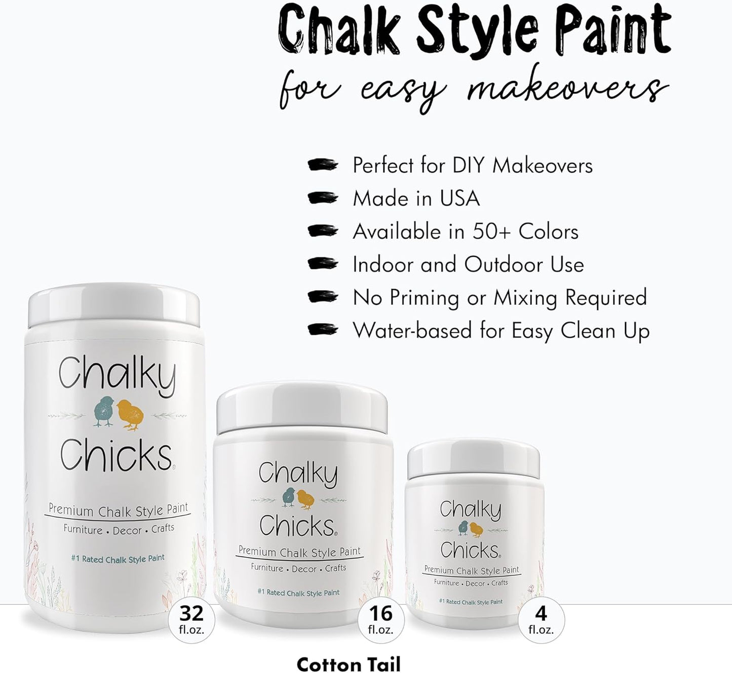 Chalky Chicks All-in-One Chalk Paint for Furniture or Cabinet - 32 Fl Oz - Matte Finish CottonTail White for Metal, Wood Furniture Paint - No Sanding All-in-One for Home Decor & Crafts, USA Made