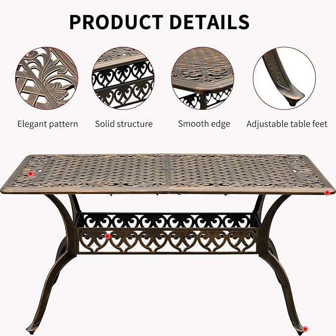 60" Large Outdoor cast Aluminum Patio Dining Table, Rectangular Outdoor Bistro Dining Table for 6 Person, for Garden (Bronze, Rectangle 60")