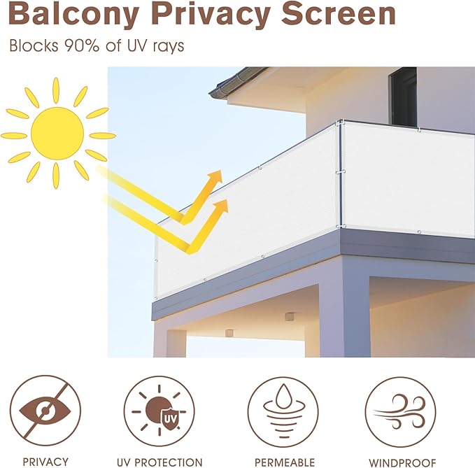 SUNNY GUARD 3FTx10FT White Balcony Privacy Screen Fence, Apartments Railing, Heavy Duty Wind Screen for Outdoor,Deck,Backyard,Patio Privacy（We Make Custom Sizes）