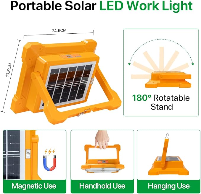 Portable LED Work Solar Light - Kifflux 300W Rechargeable LED Solar Work Light, Magnetic Worklight with IP66 Waterproof, Portable Solar Power Outdoor Working Light for Emergency Camping(2 Pack)