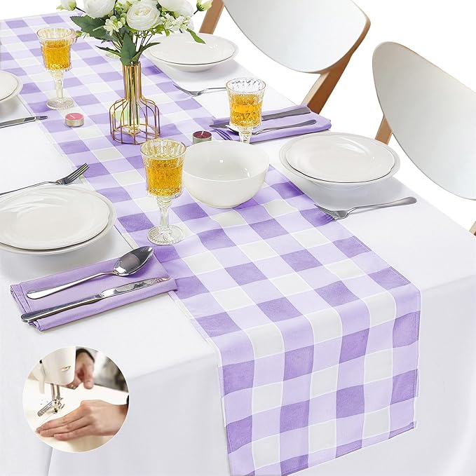 Fabric Checkered Table Runner 6 Pack Waterproof Gingham Table Runner 14W x 108L Buffalo Check Table Runners for Parties Kitchen Dining Wedding Banquet (Lavender and White)