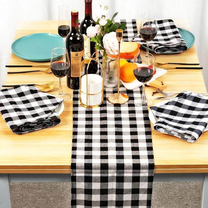 4 Pack Buffalo Check Table Runners White and Black Plaid Table Runner for Christmas Dinner, Lumberjack Party, Outdoor or Indoor Gatherings Table Home Decorations 11"x72"