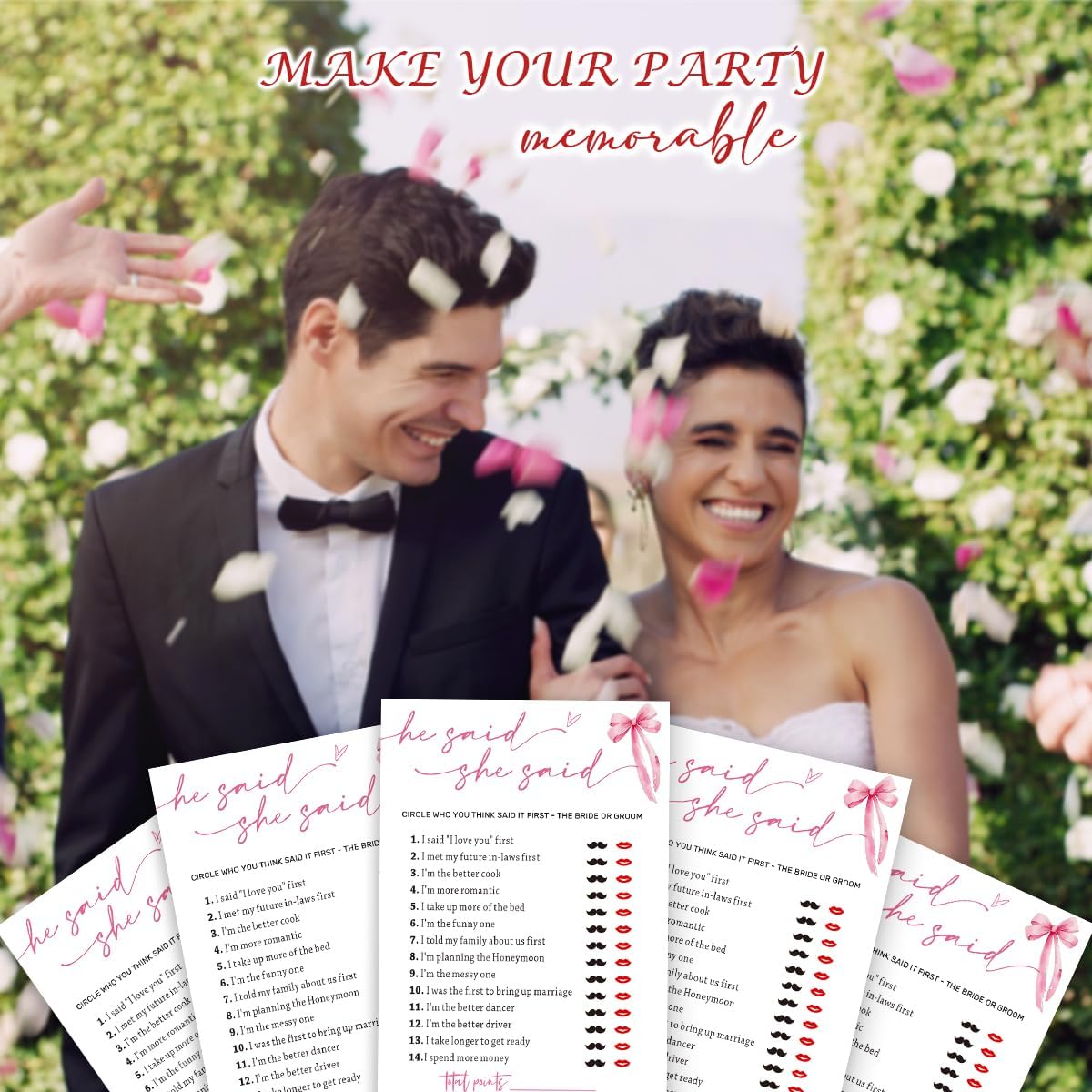 Wedding Shower Games Cards, Guest Who Said It, He Said She Said Game Cards, Bridal Shower Games 25 Guests, Engagement Party Wedding Games for Guests, Pink Ribbon Bow Wedding Party Supplies - E07