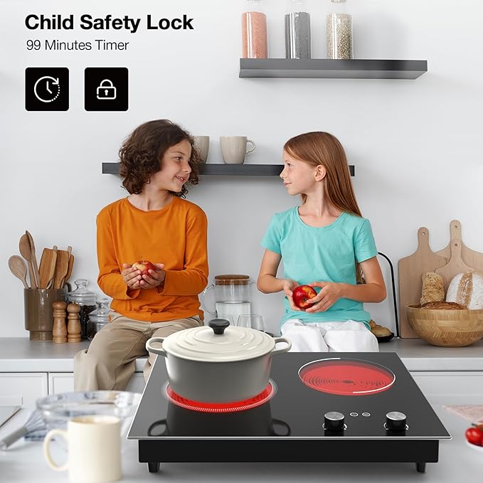 Electric Cooktop,1110V 2100W 2 Burner stove,Built-in & Countertop Stove Top with10 Heating Level, Timer & Kid Safety Lock, LED Knob Touch Control 2 Burner Electric Cooktop