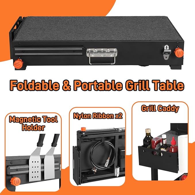 Grill Table for Blackstone Griddle, Portable Griddle Table with Caddy - Fit 17” or 22” Other Tabletop Grill, Foldable Ninja Grill Stand& Blackstone Griddle Stand for Outdoor Tailgating-Camping