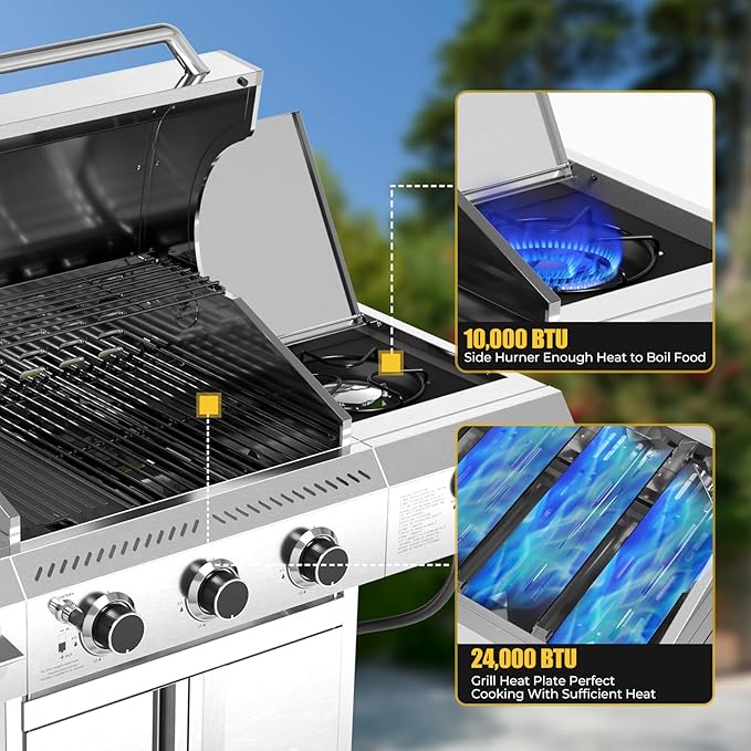 R.W.FLAME 3-Burner Propane Gas Grill With Sider Burner, Stainless Steel Propane Grill 34,000BTU, Multifunction & Protable Outdoor Barbecue Grill with Casters for Camping & Parties
