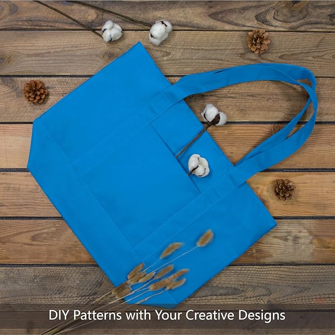 TOPDesign 3-Pack Canvas Tote Bags with an External Pocket, Reusable Grocery Shopping Bags, Top Zipper Closure, Daily Essentials (Ocean Blue)