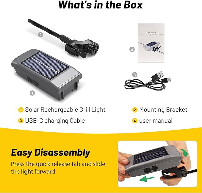 Grill Lights for Blackstone Weber Grills, USB-C Rechargeable Solar 360° Rotatable Automatic On/Off LED BBQ Light for Outdoor Barbecue, Waterproof Heat-Resistant Griddle Accessories