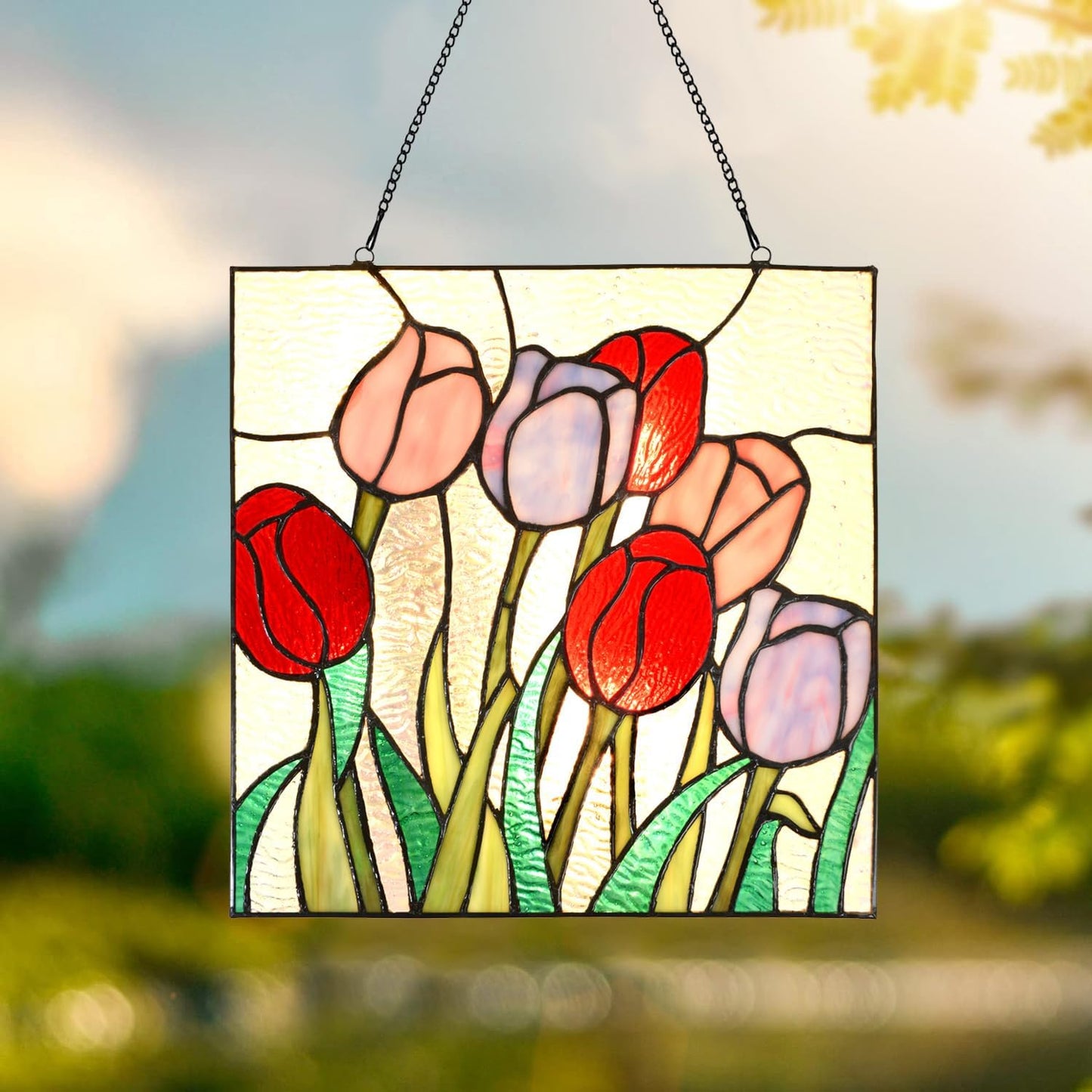 PA0004 Stained Glass Hanging Panel-12 Wx12 H Window Suncatcher Tiffany Style Window Ornament,Tulip Home Hanging Decorations