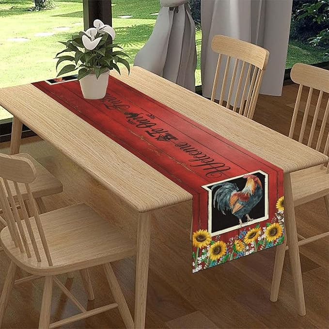 Rooster Table Runner, Farmhouse Vintage Chicken Wooden Sunflower Floral Cow Pig Red Coffee Table Center Decor for Family Kitchen and Dining Room Outdoor Country Party Table Decorations, 13"x90"