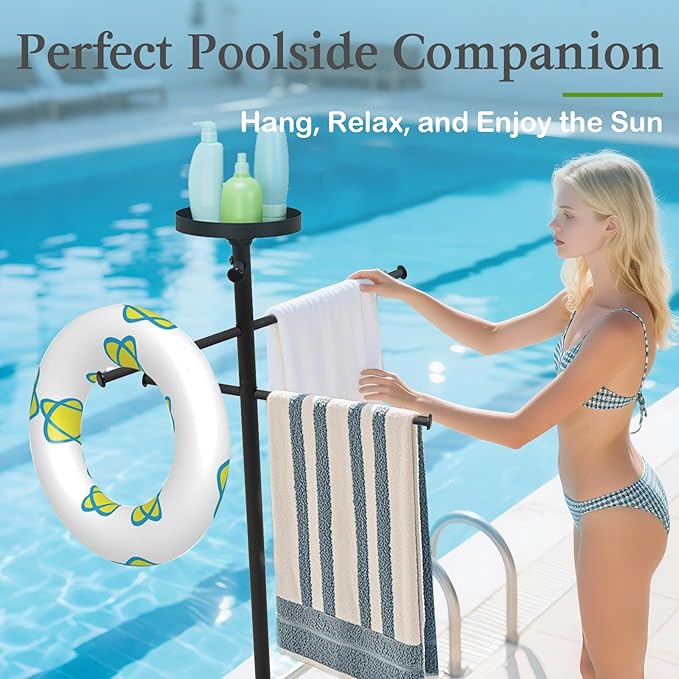 Pool Towel Rack Outdoor with Built-in Tray – Adjustable, Heavy-Duty Towel Racks & Storage for Backyards