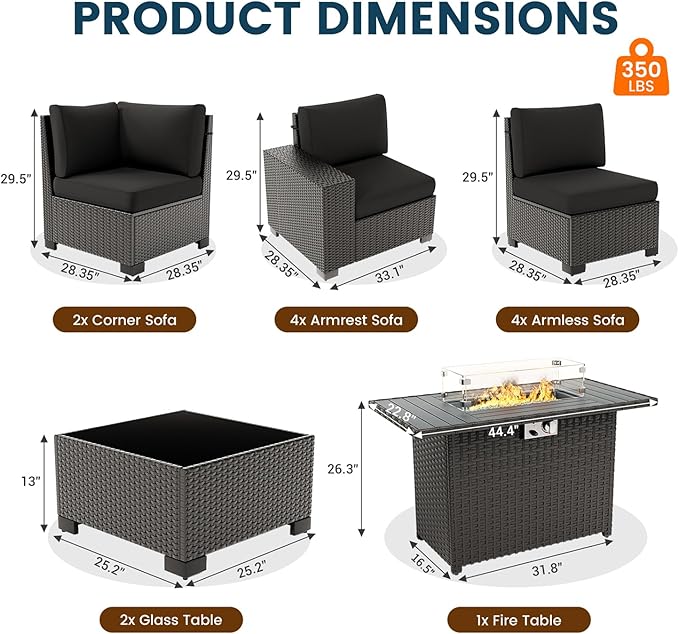 13 Piece Patio Furniture Set with Fire Pit Table, Outdoor Sectional Conversation Sets Black Wicker Rattan Sectional Sofa for Patio Garden Backyard, 4'' Thickened Cushion