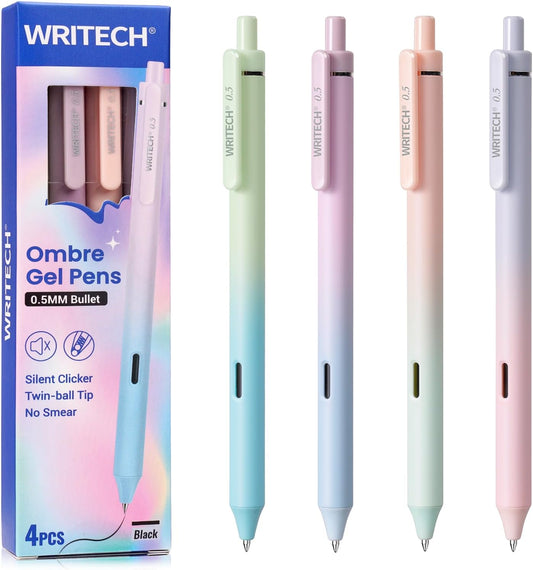 WRITECH Gel Pens Fine Point: 0.5mm Black Ink Retractable 4ct Smooth Writing No Bleed with Aesthetic Gradient Color Pen Barrel for Journaling Note Taking Sketching